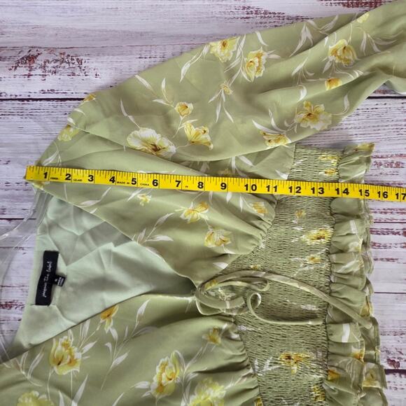 Fairy Floral Pastel Green Crop Blouse Sm Ruched Sheer Bishop Sleeve V-Neck Top - Picture 9 of 11